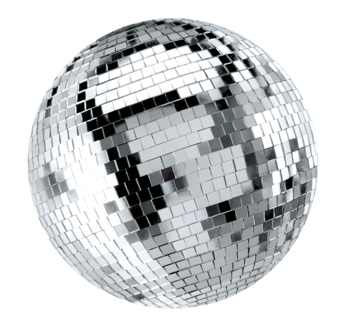A spherical disco ball covered in small reflective mirrors against a black background.