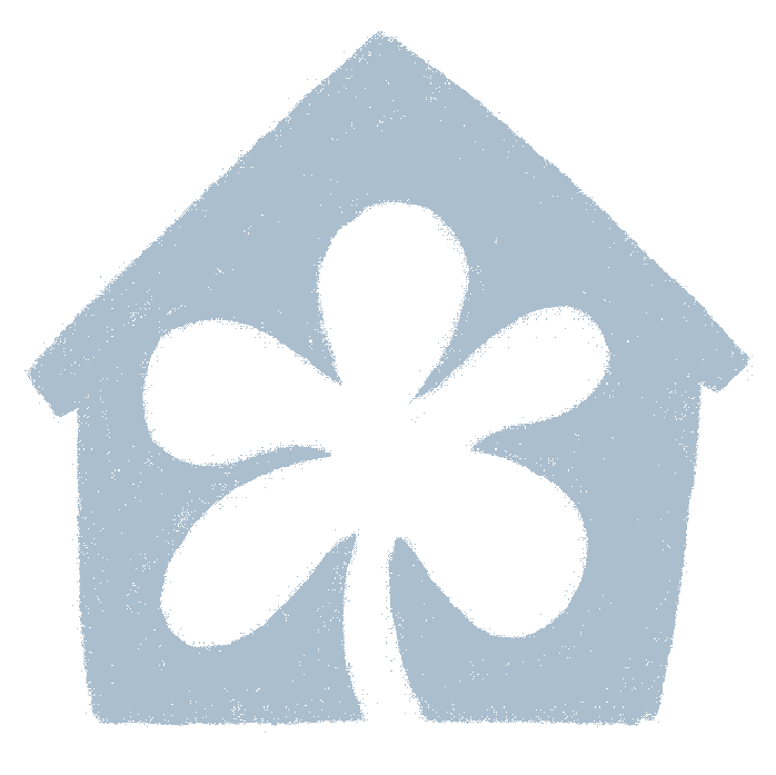 Blue silhouette of a house with a four-leaf clover inside, on a light blue background.