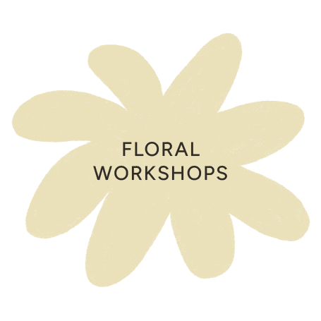 A beige flower-shaped graphic with the text 'FLORAL WORKSHOPS' in the center.