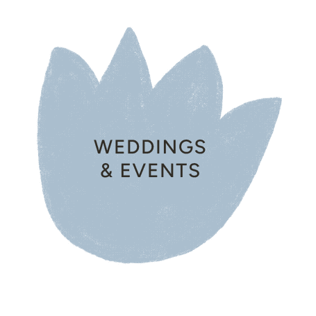 Logo with a light blue flower shape and the text 'WEDDINGS & EVENTS' in black.