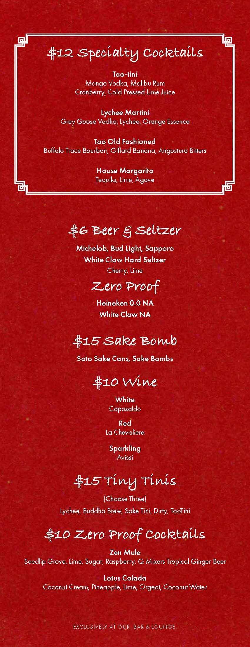 Menu for TAO Chicago featuring specialty cocktails, beer and seltzers, non-alcoholic drinks, sake bombs, wine, tiny tinis, and zero-proof cocktails at a bar or lounge.