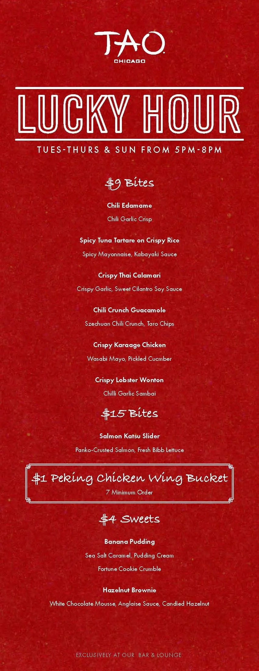 Menu for TAO Chicago showcasing lucky hour food and dessert options, with prices and descriptions on a red background.
