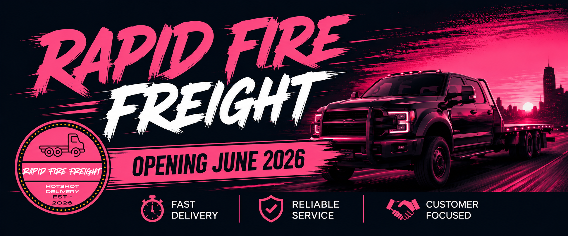 Advertisement for Rapid Fire Freight opening June 2026, featuring a black truck against a pink and purple cityscape background, with icons and text promoting fast delivery, reliable service, and customer focus.