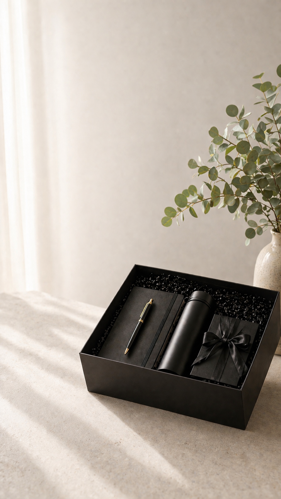 An open dark luxury gift box with a gold pen inside, styled with a eucalyptus plant in a white vase on a bright neutral background