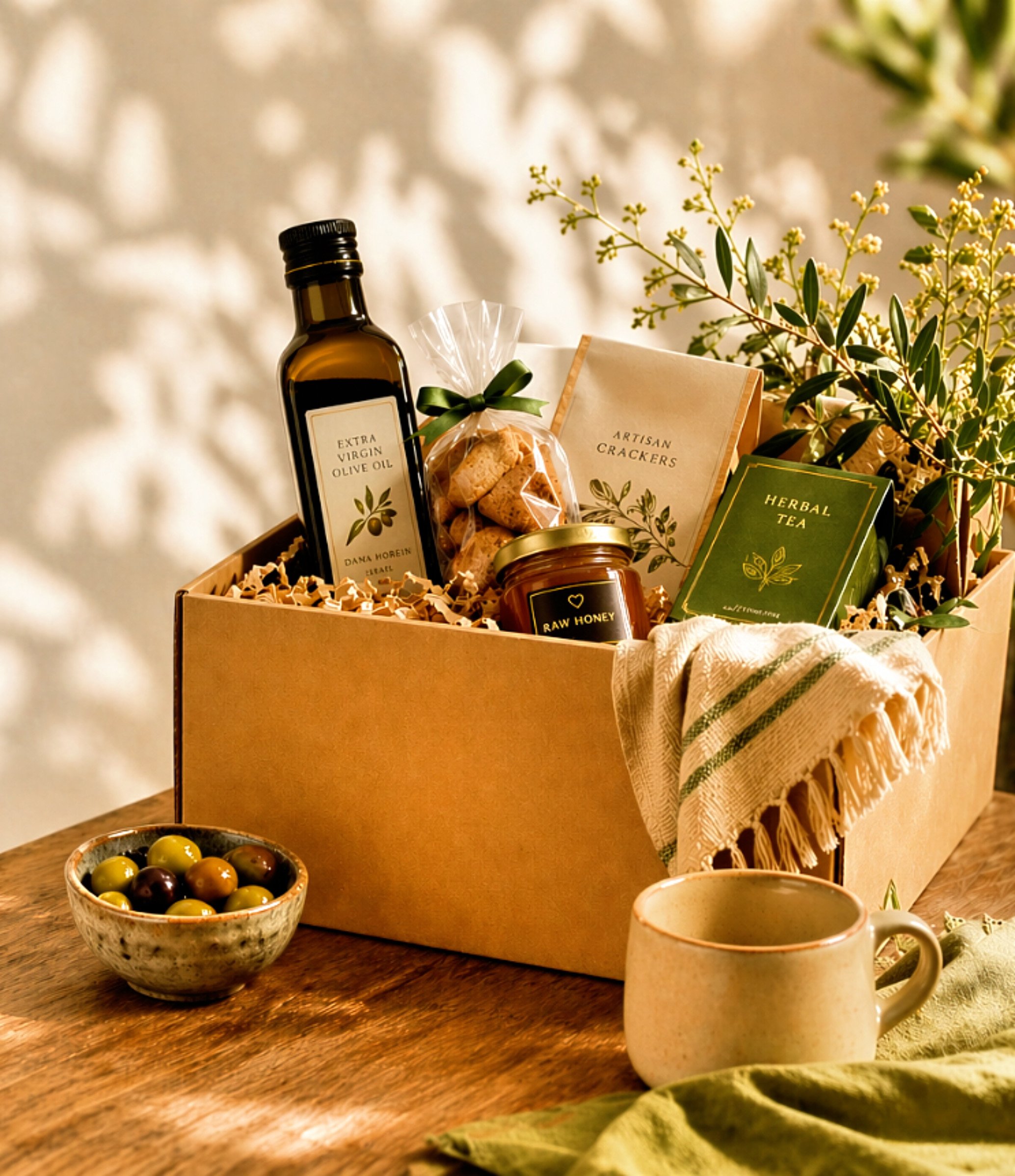 Luxury gift basket filled with extra virgin olive oil, raw honey, artisan crackers, herbal tea, and cookies with a green bow, styled with a woven textile and fresh greenery