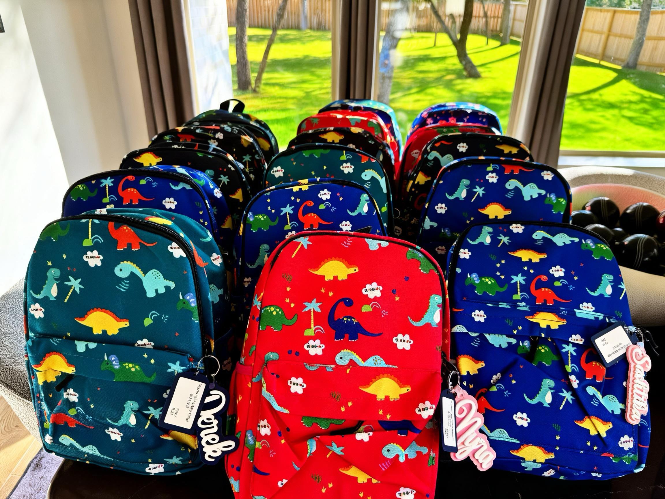 Several colorful backpacks with dinosaur designs on a display table inside a room near a window with a yard view.