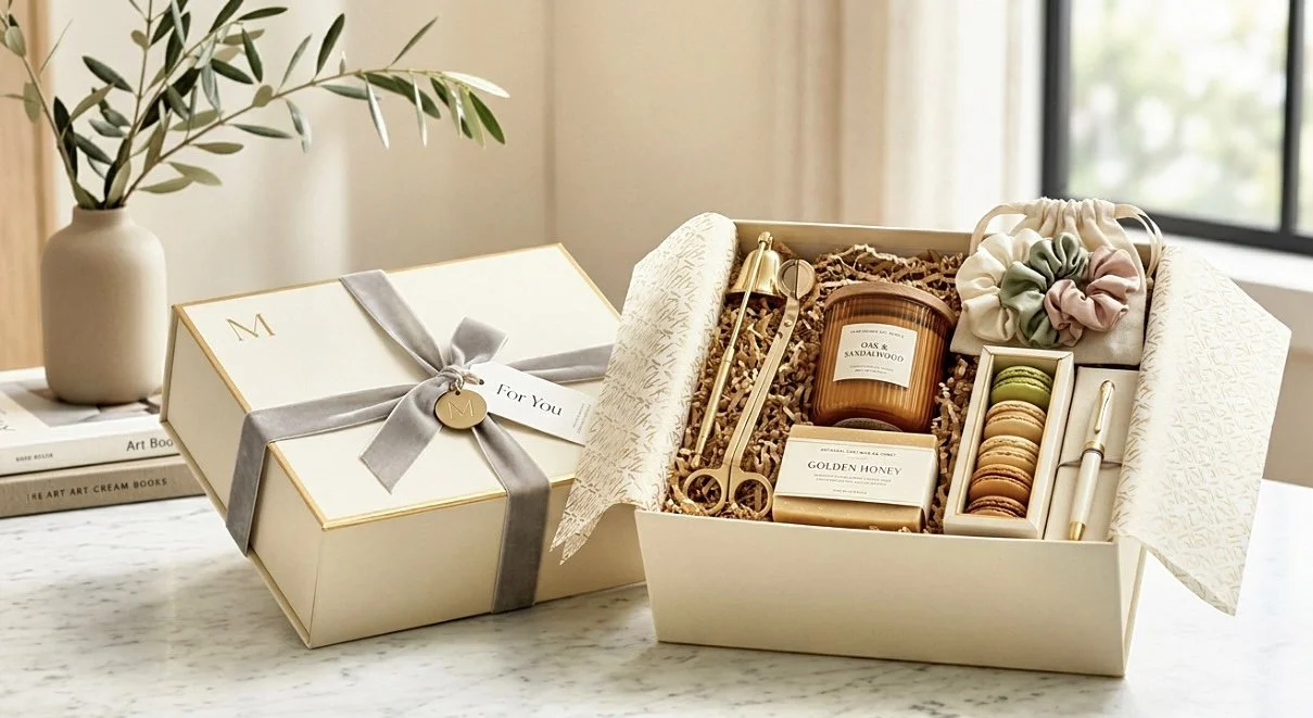 Matan Tov luxury gift box tied with a grey satin ribbon and 'For You' tag, displayed open alongside curated contents including an oak and sandalwood candle, golden honey, macarons, gold scissors, and a silk scrunchie