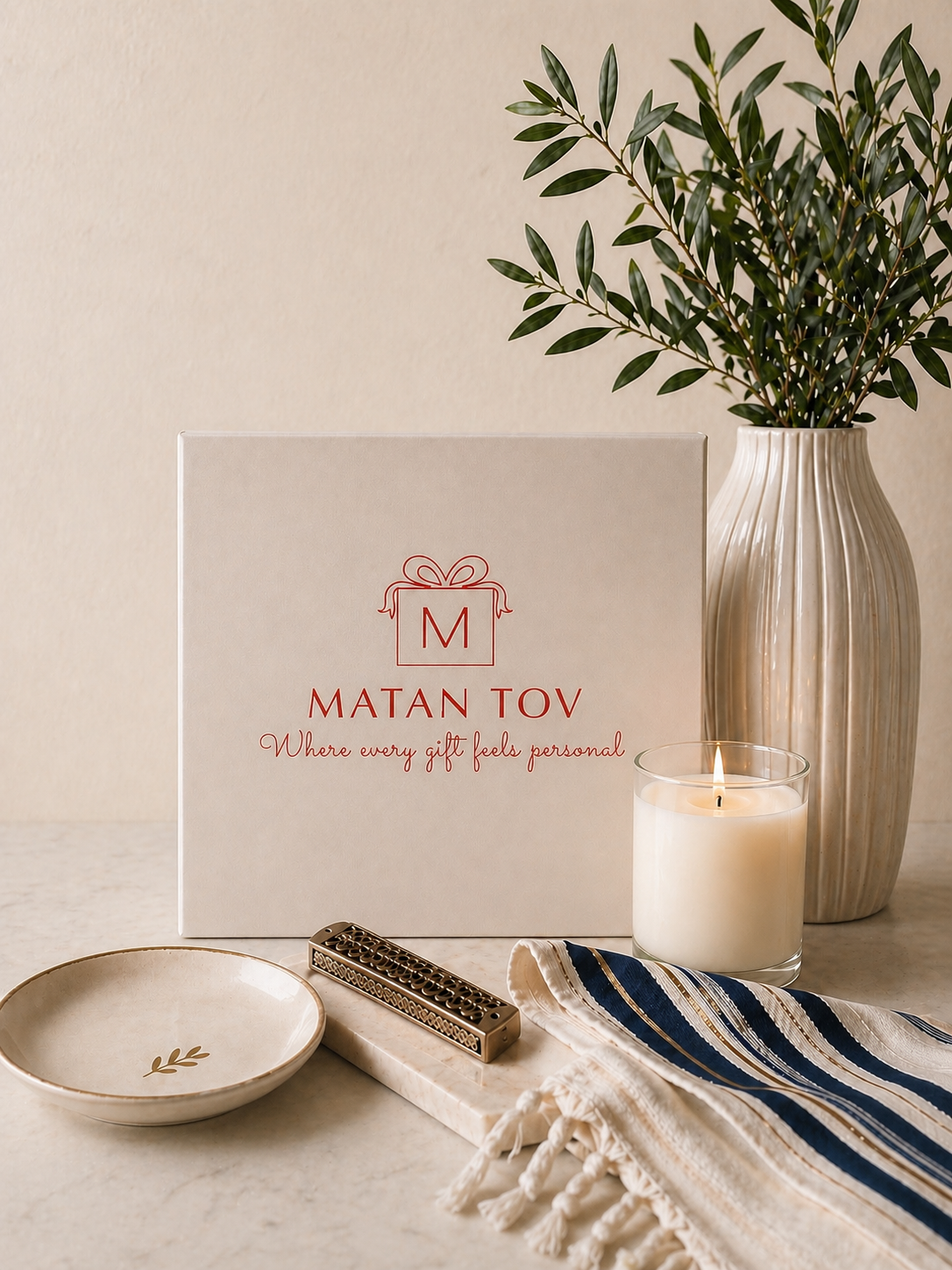 Matan Tov branded gift box with the tagline "where every gift feels personal", styled with an olive branch vase, lit candle, decorative dish, mezuzah, and woven textile