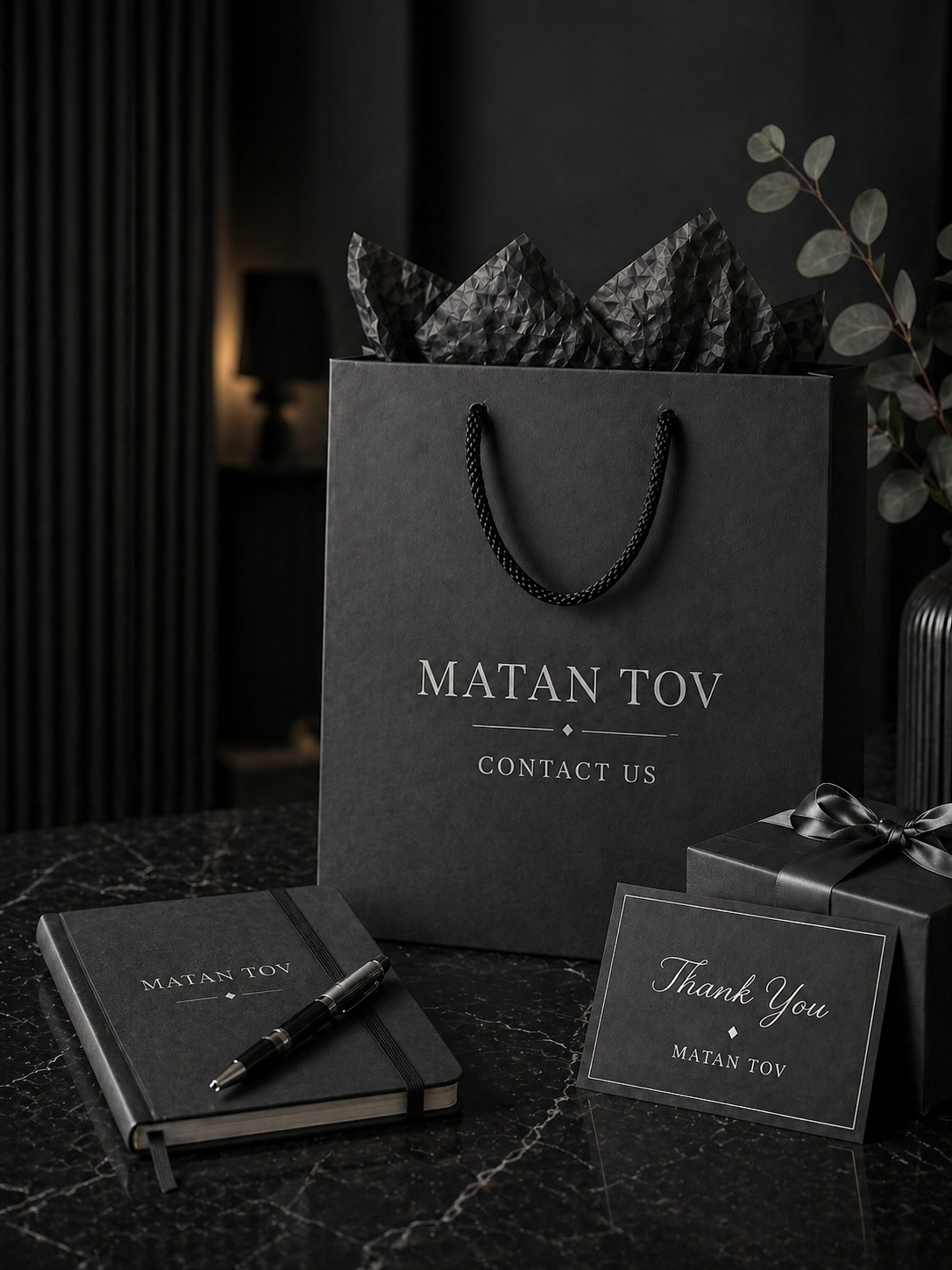 Branded Elegant Dark Gift Bag with Rope Handles and a matching Branded Box and Thank You Card