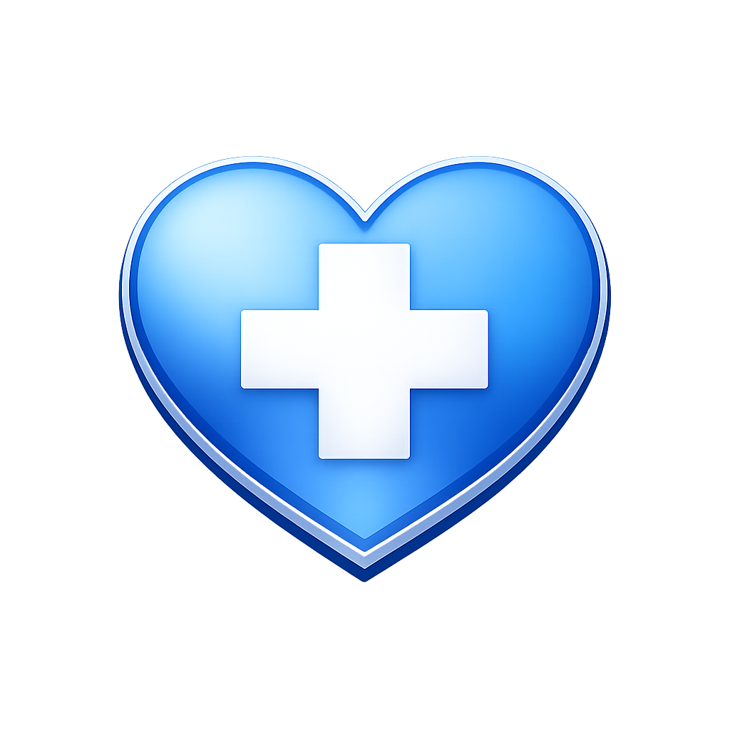 A glowing blue heart with a white medical cross in the center.