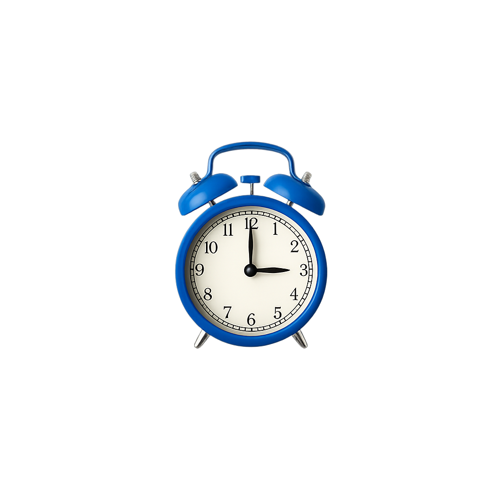 A blue vintage alarm clock showing the time as 3:00.