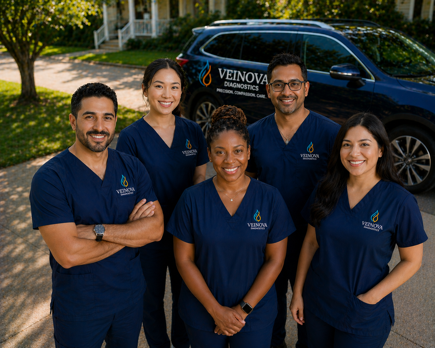 Group of five diverse medical professionals in navy scrubs standing outdoors in front of a vehicle with Venova Diagnostics logo, smiling and posing for a photo.