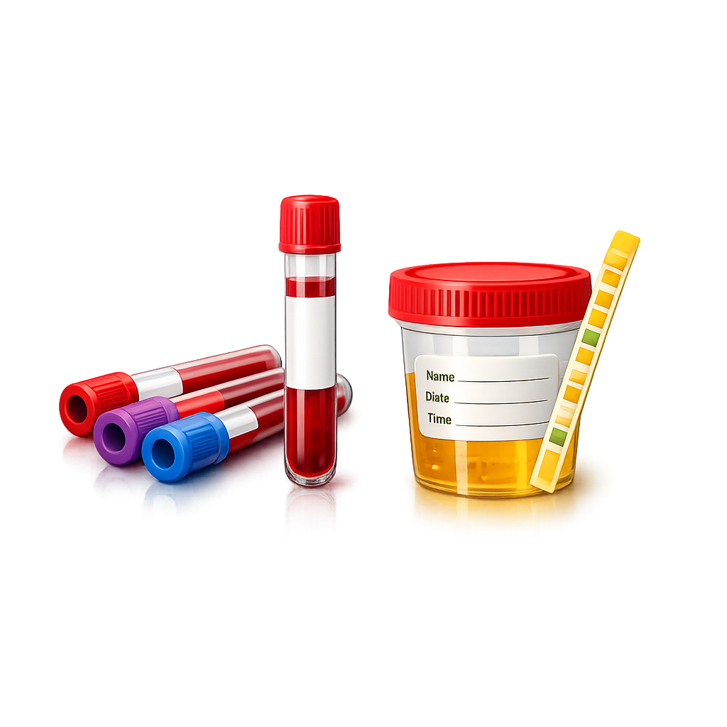 Urine test samples, test tubes, and a test strip for medical testing.