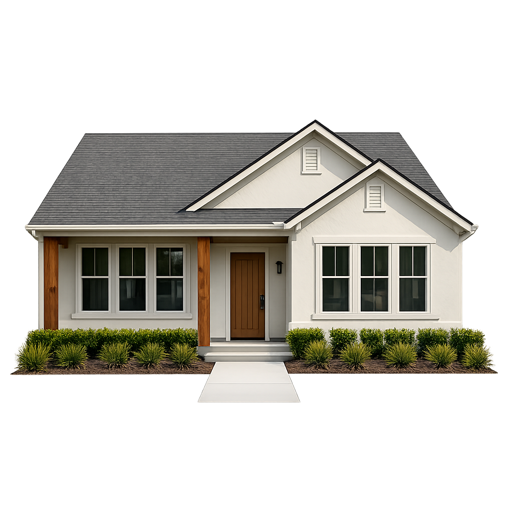 Front view of a modern house with white exterior walls, a gray gable roof, wooden support beams, and symmetrical double-hung windows. There is a brown front door, a concrete walkway, and manicured bushes in the landscaping.