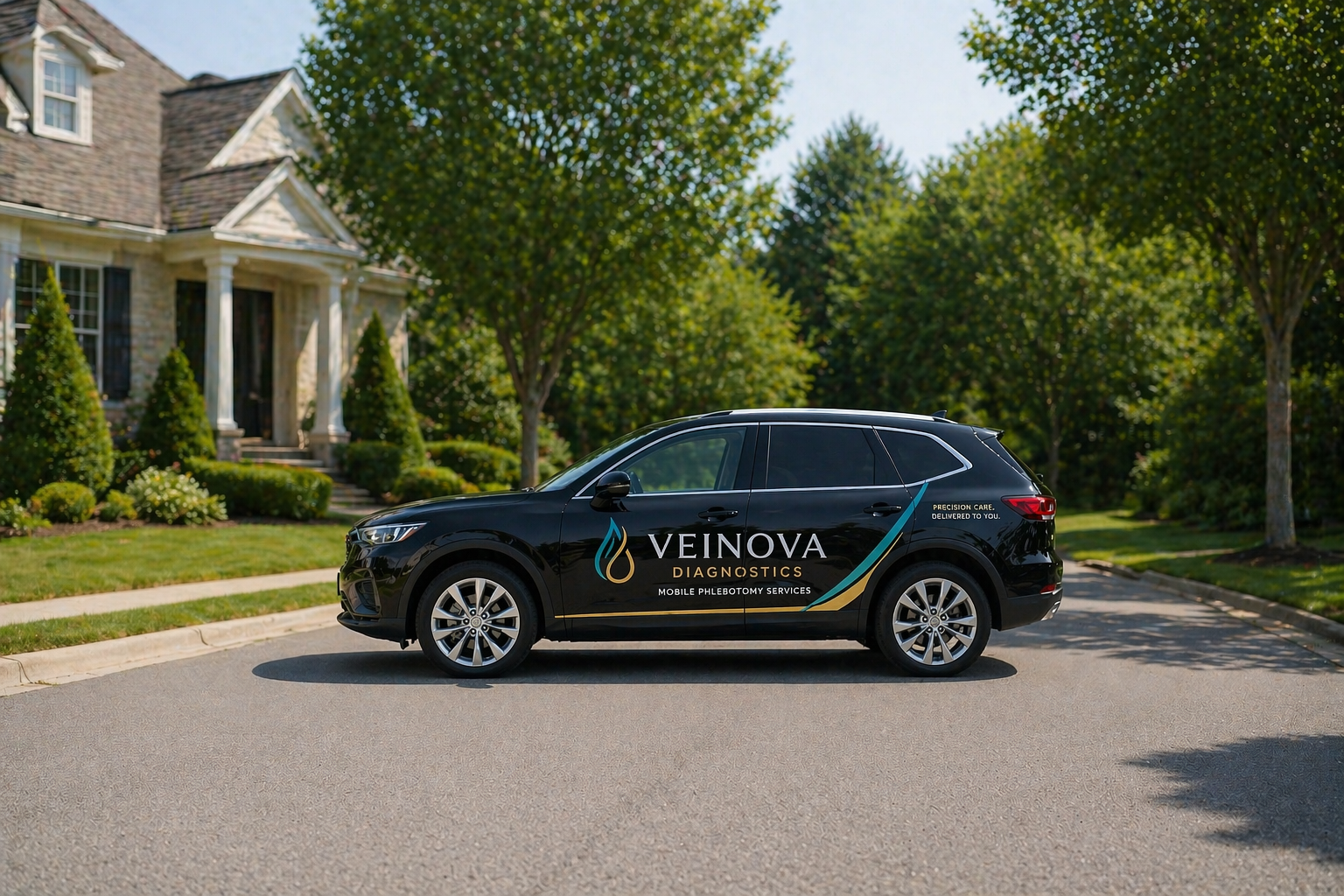 A black SUV parked on a residential street with houses and trees in the background. The vehicle has Veinova Diagnostics branding, including a logo and text for mobile phlebotomy services.
