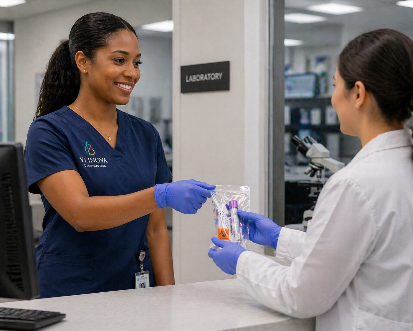 A healthcare worker in navy scrubs with 'VEINOVA DIAGNOSTICS' on the shirt is handing a sealed biohazard test sample to a scientist in a white lab coat with purple gloves in a laboratory setting.