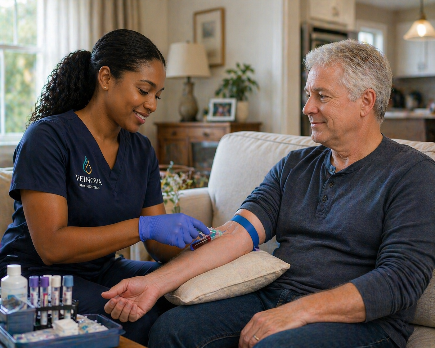 A nurse draws blood from a male patient's arm in a living room setting.