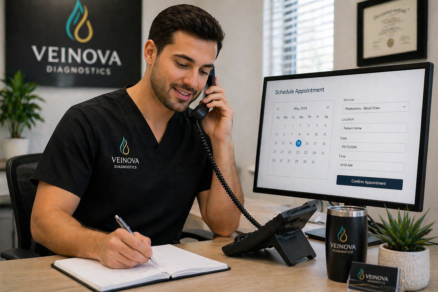 A man with dark hair and a beard, wearing a black uniform with the Veinova Diagnostics logo, sitting at a desk, talking on the phone, and taking notes in a notebook. A computer monitor behind him displays a scheduling page for an appointment. The desk has a Veinova Diagnostics branded tumbler and a potted plant.