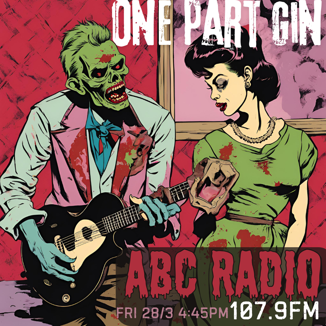 A comic-style illustration of a zombie with green skin and black eyes, wearing a white shirt, blue tie, and pink vest, playing a guitar. Next to the zombie, a woman with black hair, wearing a green dress with red bloodstains, looks at the zombie. The