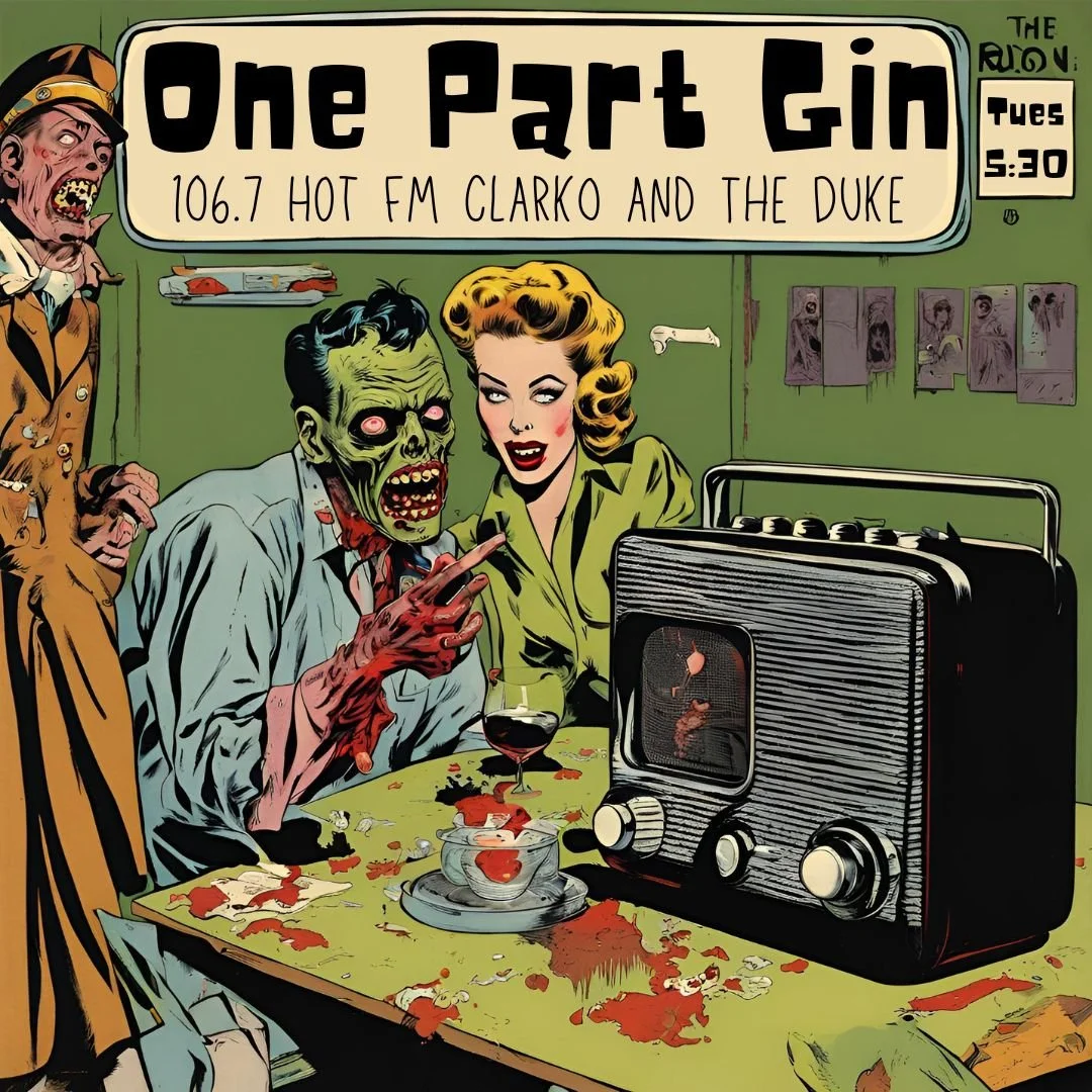Comic-style illustration of a living room scene with a green zombie, a blonde woman, and a decayed man watching TV. The table is messy with spilled drinks and food, and a vintage radio is on the table. A nurse or caretaker stands nearby, and the sett