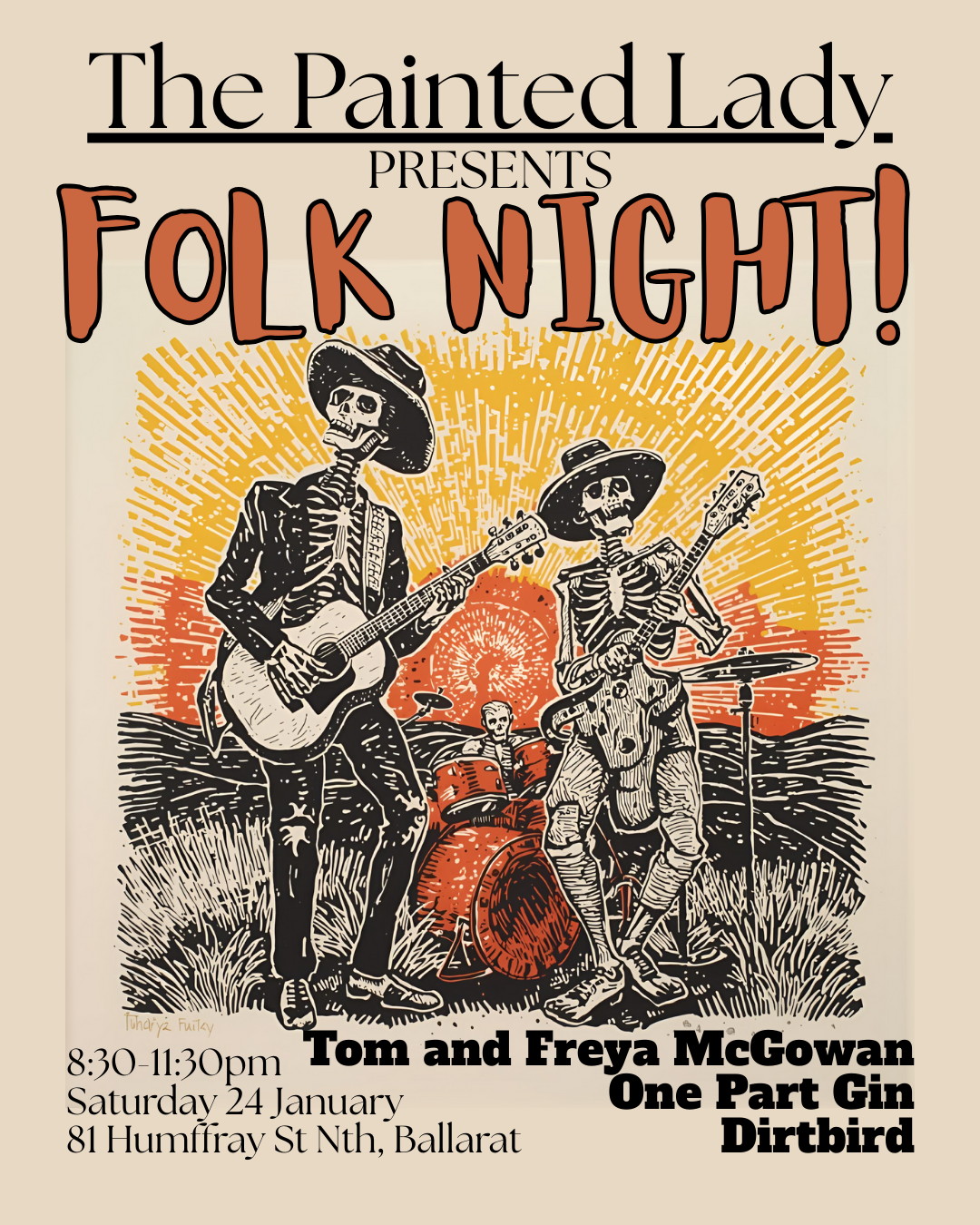 Folk Night at The Painted Lady Ballarat 2026 Sam Bell and Holly Sewell. One Part Gin dark folk music Ballarat, Creswick.