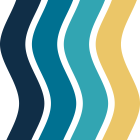 Abstract design with wavy lines in dark blue, light blue, teal, black, and beige colors.