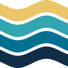 Stylized mountain range with layered shades of blue and gold sky background.