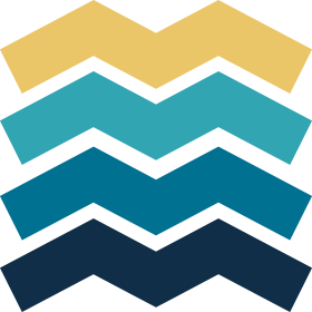 Abstract layered mountain design with shades of beige, teal, and dark blue