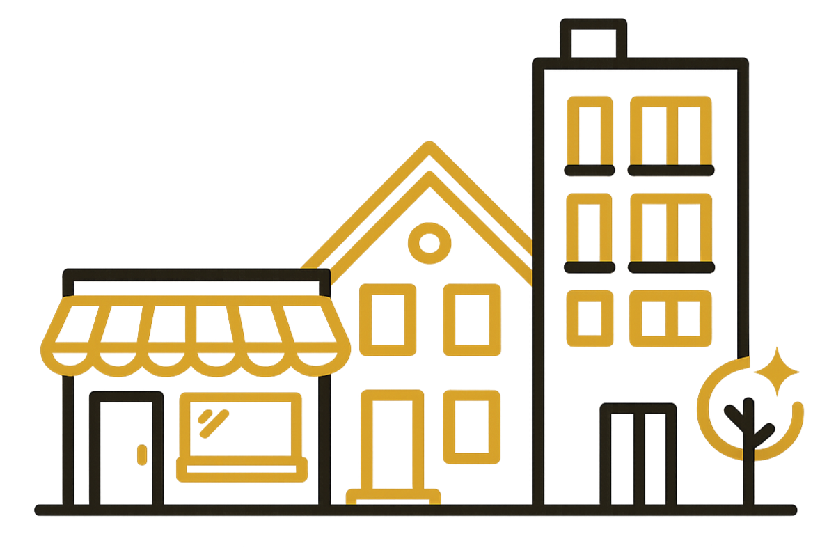 Illustration of small storefronts and buildings with a shop, house, tall building, a tree.