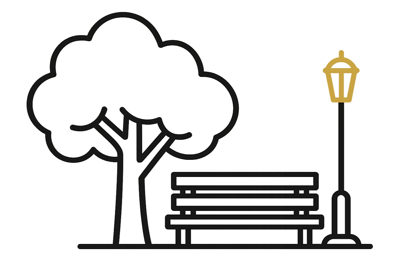 Illustration of a park scene with a tree, a park bench, and a street lamp.