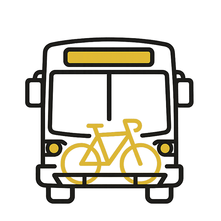 Illustration of a front view of a bus with a bike rack carrying a bicycle.