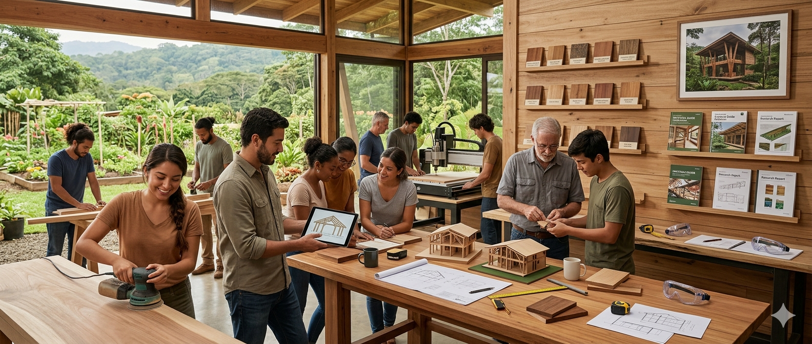 A group of people in a woodworking classroom working on building models of wooden structures, with outdoor greenery visible through large windows.