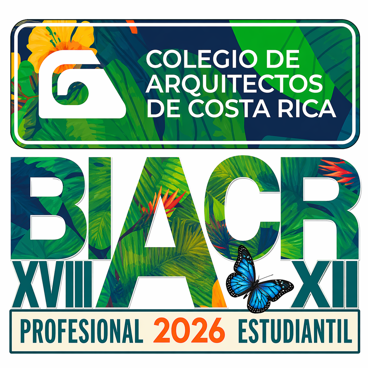 Colorful logo for the College of Architects of Costa Rica, 18th International Architecture Fair, 2026, featuring tropical leaves, flowers, and a butterfly.