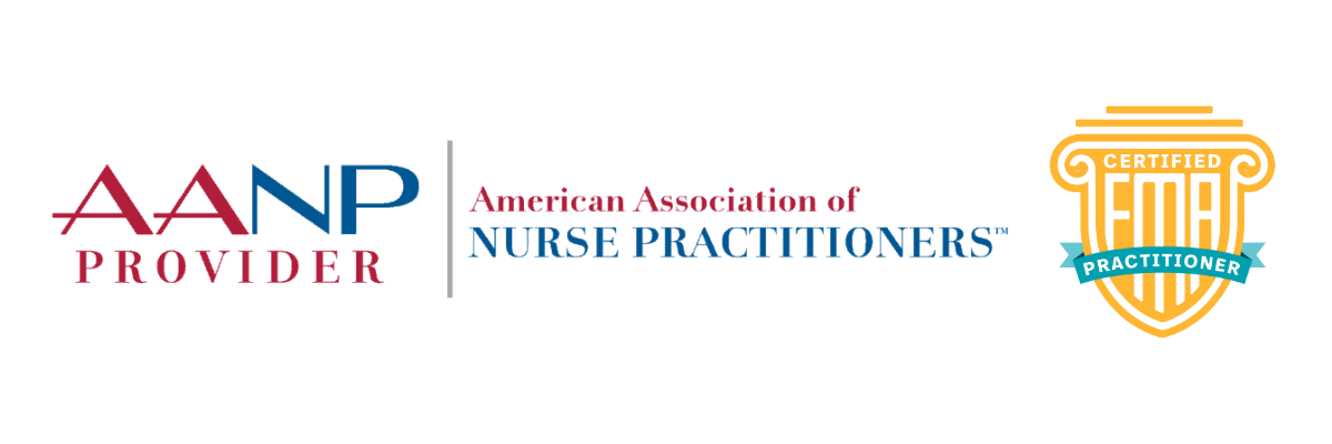 Logos of the American Association of Nurse Practitioners and the American Nurses Credentialing Center, with a FNP certification badge.