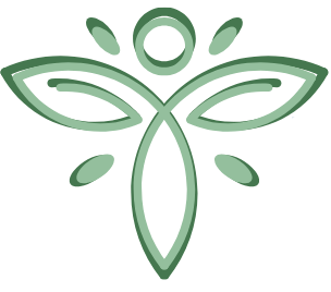 A stylized green butterfly with symmetrical wings, a circular head at the top, and oval accents around it.