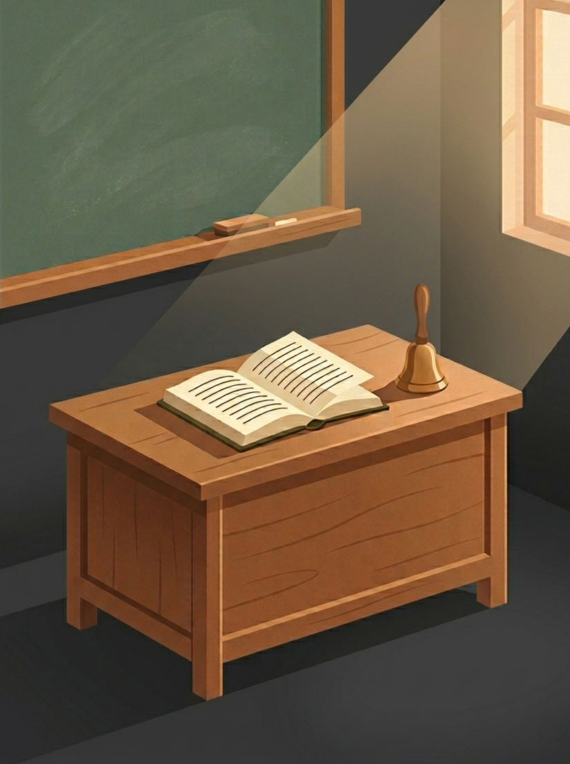 A classroom scene with a wooden teacher's desk, an open book, a bell, and a blackboard with chalk in a window-lit room.