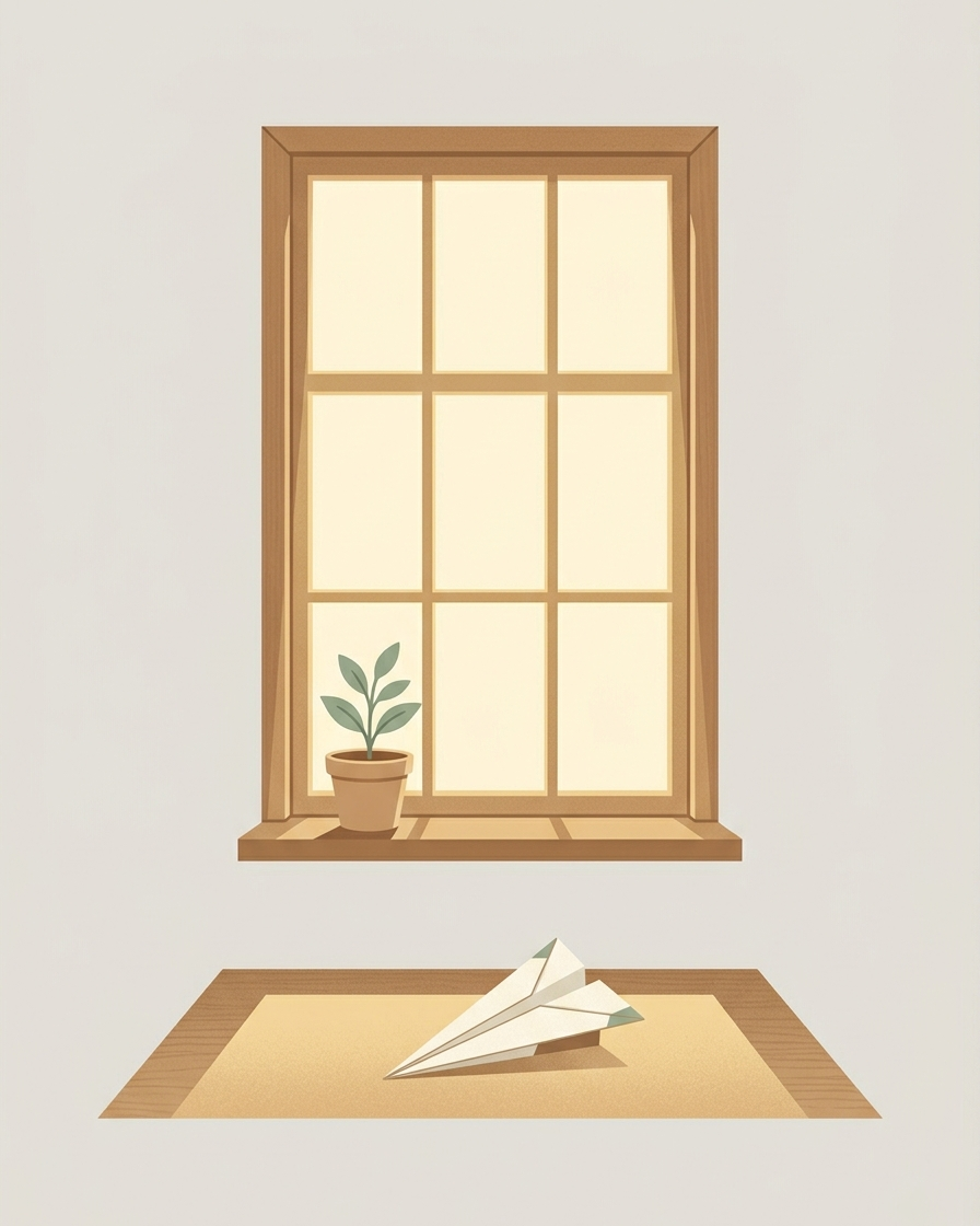 A room with a window, potted plant, and paper airplane.