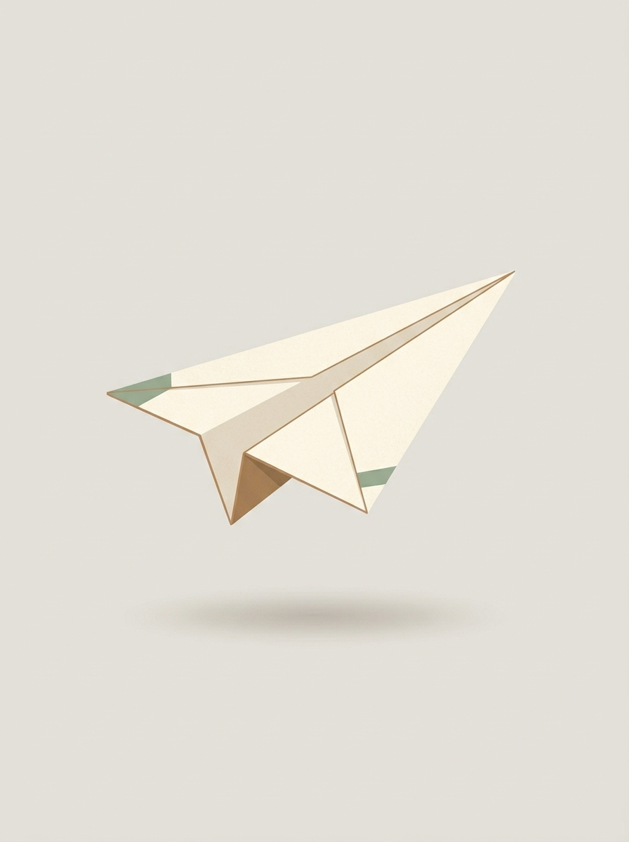 Minimalist digital illustration of a paper airplane on a light background.