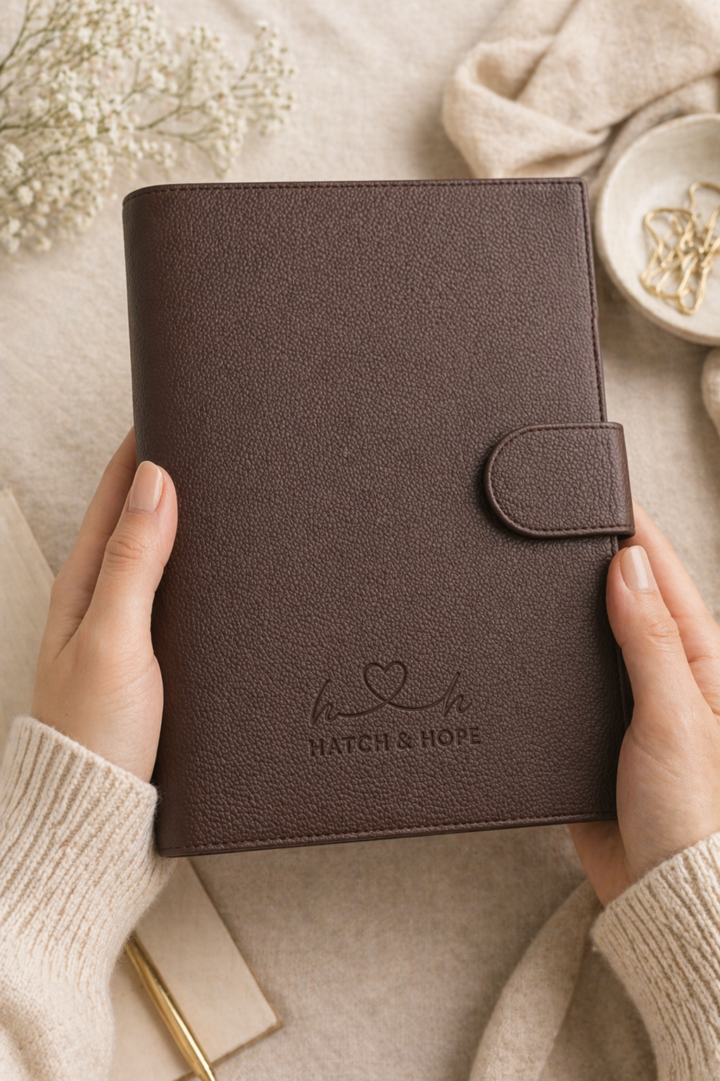 Person holding a brown textured leather planner or journal with a flap closure, embossed with a heart and the words 'Hatch & Hope'.