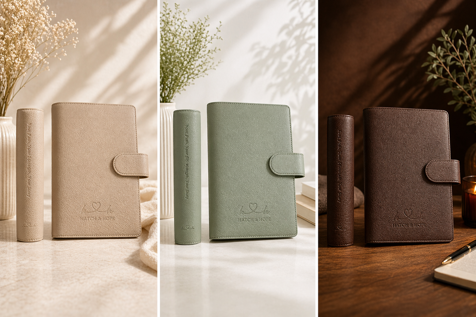 Three separate display scenes showing matching leather-bound notebooks with elastic close straps and the words 'HATCH & HOPE' embossed on the front, each scene featuring a different color: beige, pale green, and brown. Each scene includes a matching cylindrical container with the same embossed text, settings with books, pens, candles, and plants.