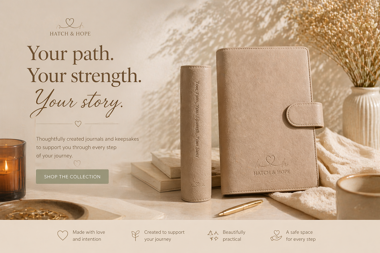 A collection of neutral-colored journals and a pen on a soft fabric surface, with a vase of dried flowers and a candle in the background, promoting Hatch & Hope journals with text: 'Your path. Your strength. Your story.'