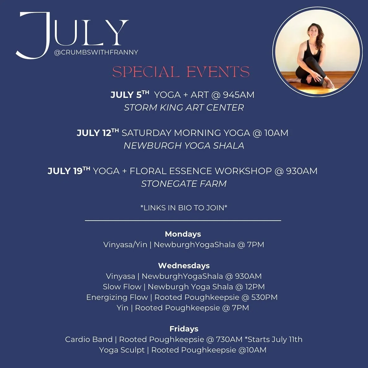 Entering July with some newness on the schedule, including special opportunities to practice in beautiful settings! 

You&rsquo;ll also find me @newburghyogashala for a few Tuesdays at 930AM - Check the schedule. 

Thankful to share these practices! 