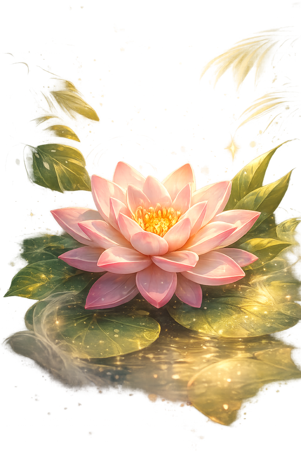 Beautiful pink water lily floating on a pond with green lily pads and glowing, golden light surrounding the scene.