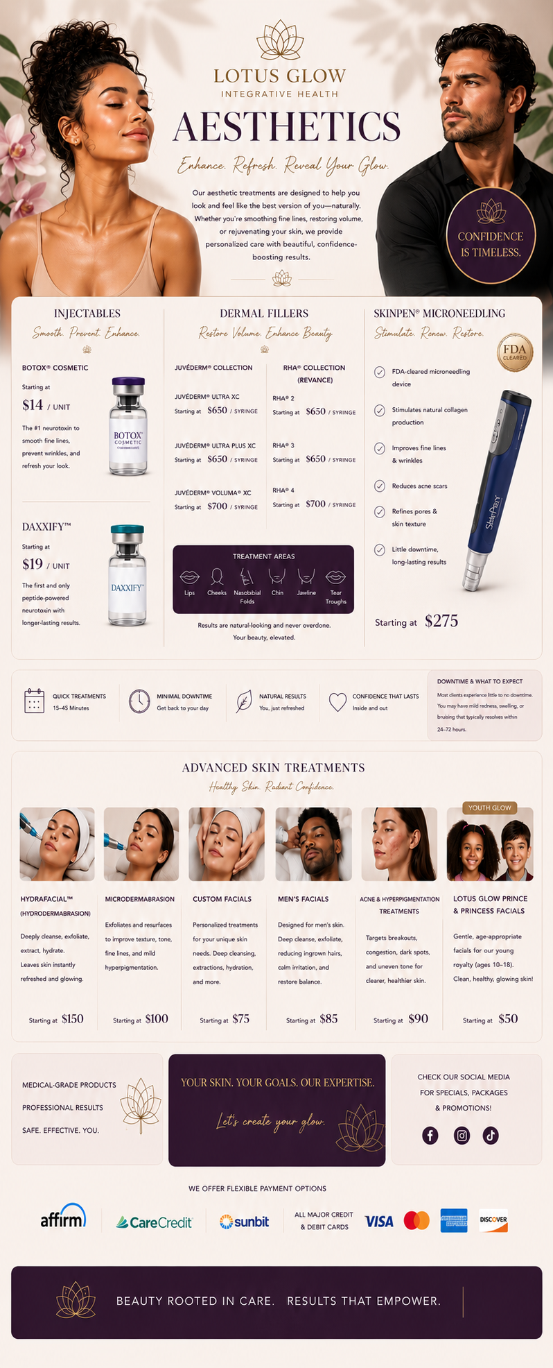 A beauty clinic advertisement highlighting aesthetic treatments, injectables, dermal fillers, microneedling, and advanced skin treatments for various skin concerns, featuring models and a range of skincare services.