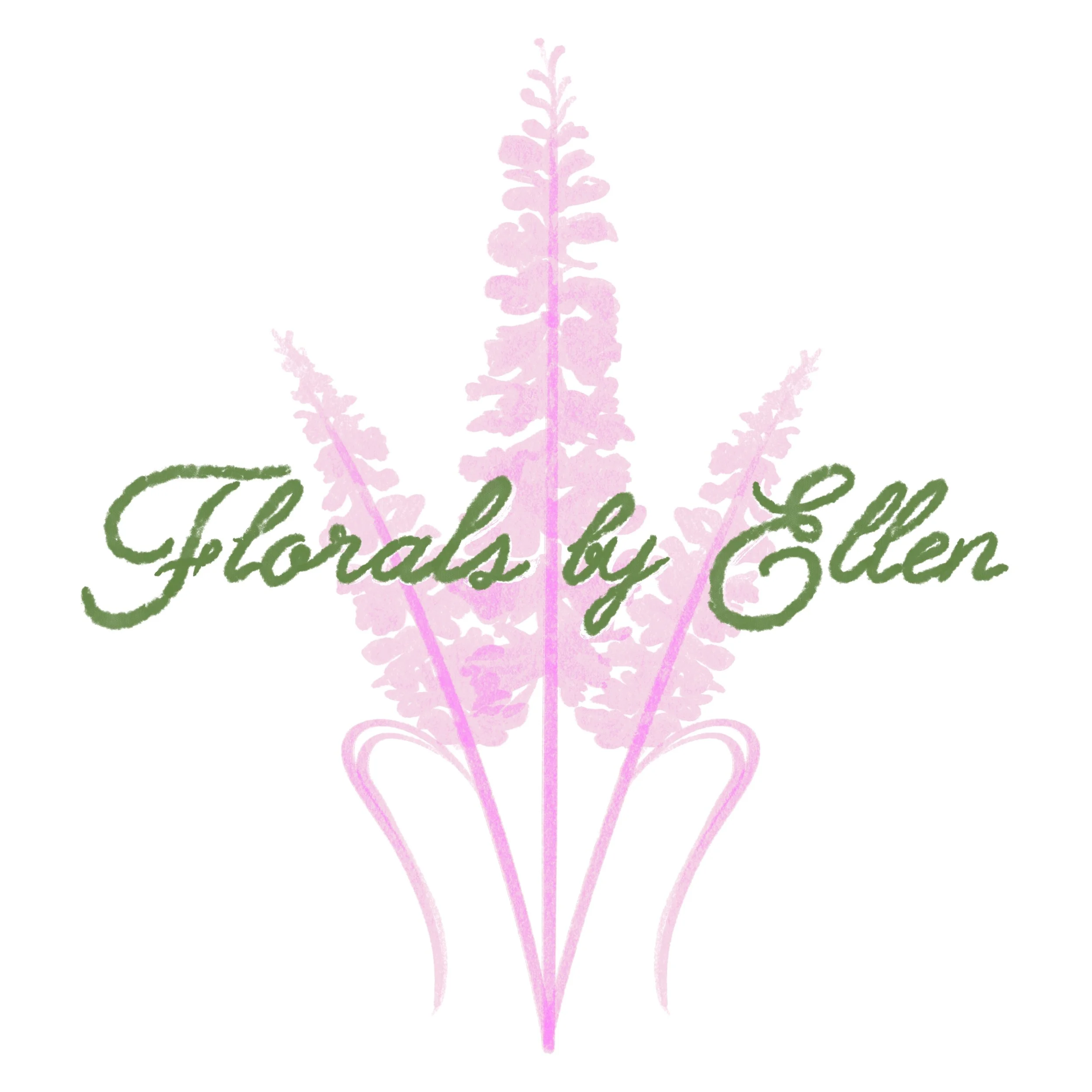 A graphically designed logo that shows a pink flower and green text that reads "Florals by Ellen" with a white background