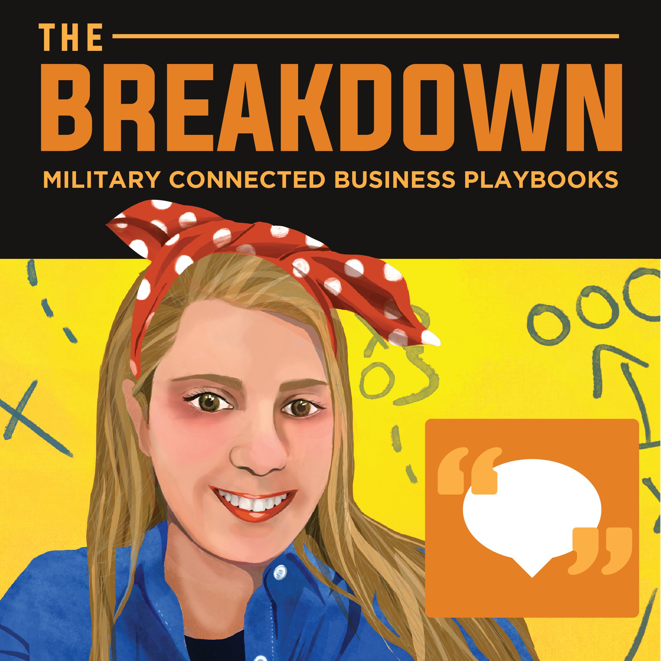 Colorful illustration of a woman with blonde hair, wearing a red polka-dot headscarf and a blue shirt, with the title 'The Breakdown: Military Connected Business Playbooks' in bold orange and yellow text.