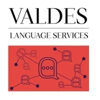 Logo for VALDES Language Services featuring a red background with connected speech bubbles and lines.