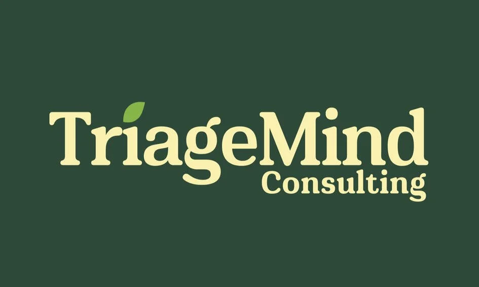 Green background with the logo 'TriageMind Consulting' in beige letters, with a small green leaf above the 'T'.
