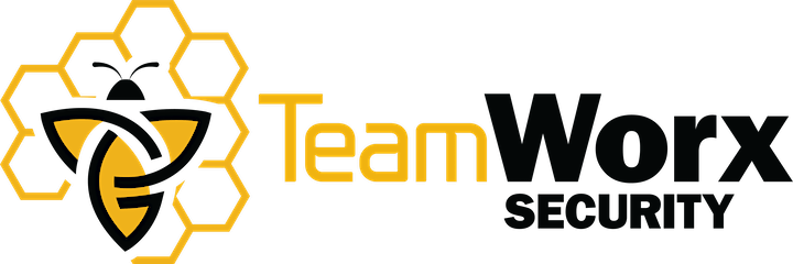 Logo for Team Worx Security featuring a bee inside a honeycomb pattern with black and yellow colors.