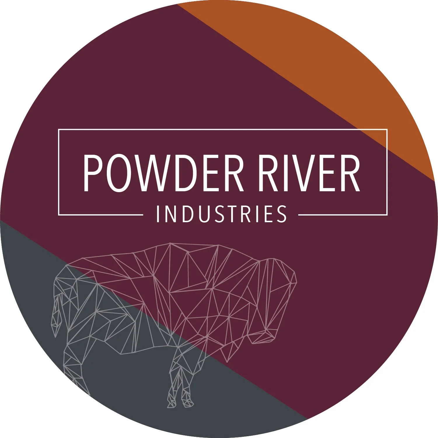 A circular logo for Powder River Industries with a geometric bull illustration and a divided color background of maroon, orange, and dark gray.